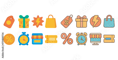 Shopping and retail flat icons set – 3d, silhouette, commerce and purchase symbols