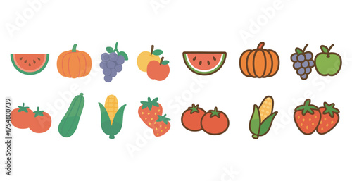 Fruit and vegetable outline icons set – linear, flat, food cart and market symbols