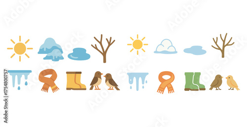 Winter and nature flat icons set – seasonal, weather, garden symbols
