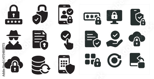 Security and privacy solid icons set – protection, cyber safety, tech symbols