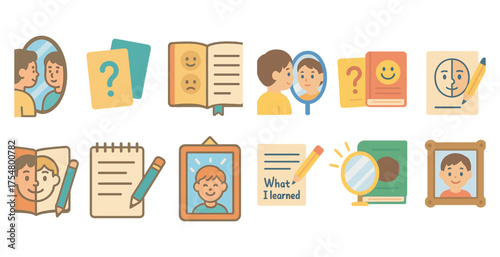 Self-reflection and mental health flat icons set – filled, emotion and introspection symbols