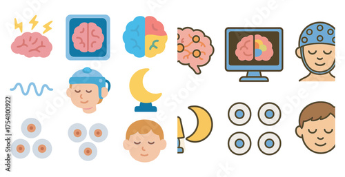 Brain and neuroscience outline icons set – flat, mental health and cognitive symbols