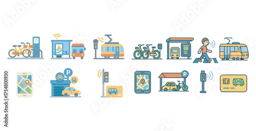 Transportation and mobility icons set – flat, outline, travel and transit symbols