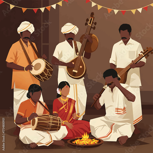 Illustration of a traditional Indian musical group performing with various instruments in a festive