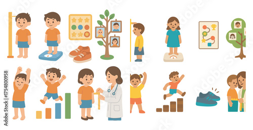 Child growth and health icons set – flat, outline, pediatric wellness symbols