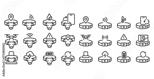 Farm animal technology outline icons set - linear, solid, smart farm symbols