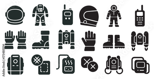 Space exploration solid icons set – filled, astronaut, space travel symbols