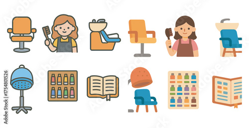 Beauty and salon flat icons set – stylist, grooming, hairdressing essentials