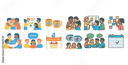 Teamwork and collaboration icons set – flat, filled, group project symbols