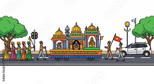 Illustration of a colorful temple procession with people walking on a street lined with trees and a white SUV, against a white background.