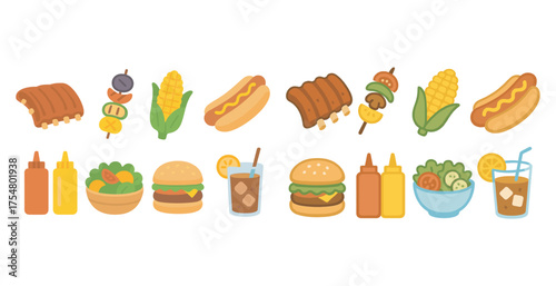 Barbecue and picnic flat icons set – grilling, summer, outdoor dining elements