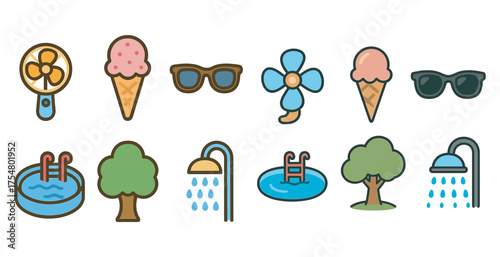 Summer and recreation icons set – flat, outline, leisure and vacation symbols