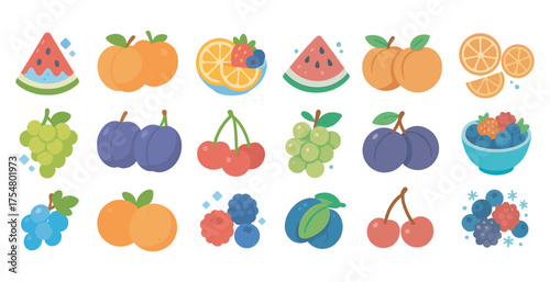 Fruits and berries flat icons set – colorful, juicy food and nutrition symbols