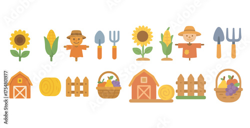 Farm and harvest flat icons set – gardening, farming, agriculture symbols