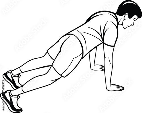 Man performing bodyweight push-up exercise minimal line art vector