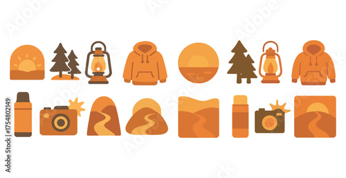 Camping adventure icon set – silhouette, nature, outdoor exploration symbols