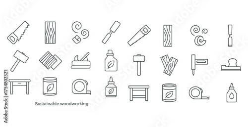 Woodworking linear icons set – outline, tools, carpentry and craft essentials