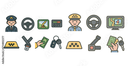 Taxi and cab flat icons set – transportation, ride-sharing, urban commute symbols