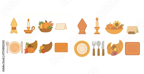 Thanksgiving and autumn icons set: flat, filled, harvest and holiday symbols