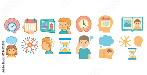 Mental health awareness flat icons set – psychology, therapy, emotional wellness symbols