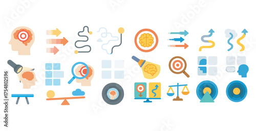 Mind mapping flat icons set – cognitive, brainstorming, creative thinking symbols