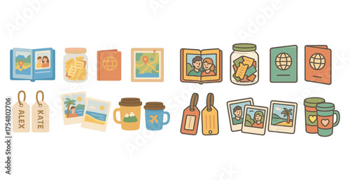 Travel and tourism flat icons set – passport, vacation, holiday essentials symbols