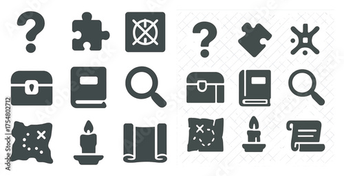 Mystery quest silhouette icons set – solid mystery, puzzle, adventure symbols