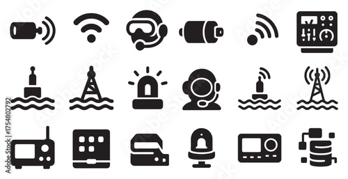 Maritime and nautical solid icons set – silhouette, filled, ocean navigation tools