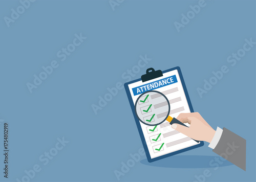 attendance clipboard with checklist. Questionnaire, survey, clipboard, task list. Flat design,
