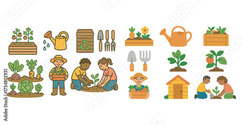 Gardening flat icons set – horticulture, plant care, and cultivation symbols