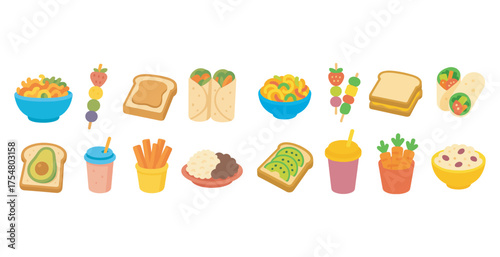 Healthy food flat icons set – nutrition, meal prep, culinary symbols
