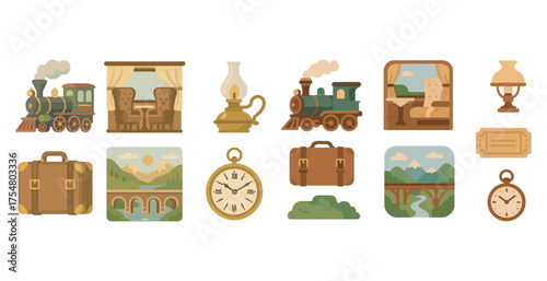 Vintage steam train icon set – flat, outline, travel and transportation symbols