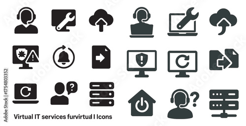Virtual it services solid icons set – tech, support, online tools illustrations