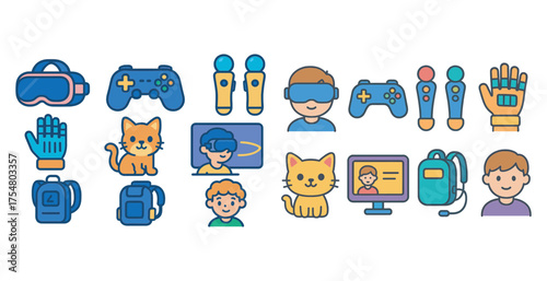 Virtual reality and gaming icons set – flat, filled, digital entertainment symbols