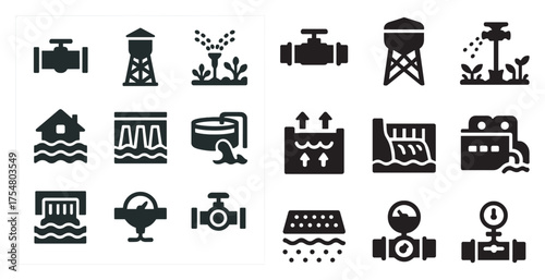 Water system solid icons set – silhouette, plumbing, infrastructure symbols