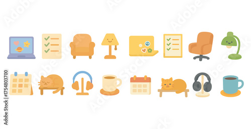 Home and office icons set – filled, silhouette, workspace and decor symbols