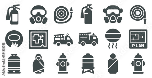 Fire safety solid icons set – emergency, silhouette, protection symbols
