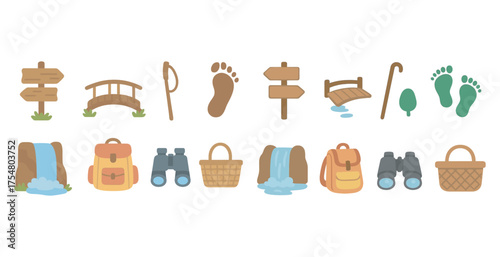 Outdoor adventure icons set – flat, hiking, camping and exploration symbols
