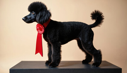 Black poodle stands proudly on a platform. It wears a first place ribbon. The dog poses elegantly against a plain background. This photo captures the beauty of animal competition.