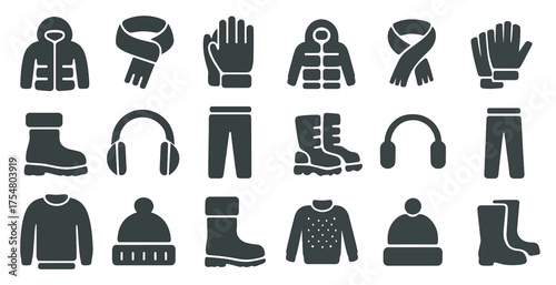 Winter clothing solid icons set – filled, warm apparel, seasonal fashion graphics