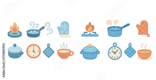 Cooking and kitchen flat icons set – culinary, cooking tools, food preparation symbols