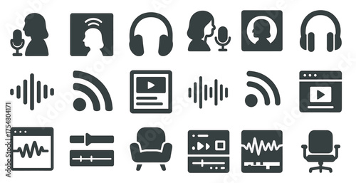 Podcast and audio solid icons set – filled, media, broadcasting symbols