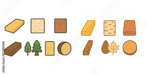 Wood texture flat icons set – filled, natural, timber and forestry symbols