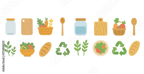 Organic food and eco outline icons set – linear, vegan, sustainable living symbols
