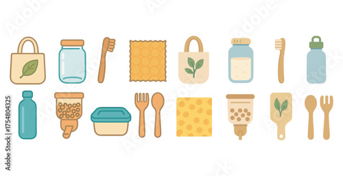 Eco-friendly lifestyle icons set – flat, filled, sustainable and reusable items