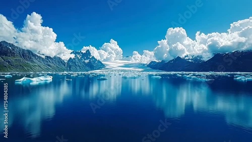 The magnificent Perito Moreno Glacier in Patagonia, Argentina, reflects on the calm lake surrounded by snow and mountains under a blue sky