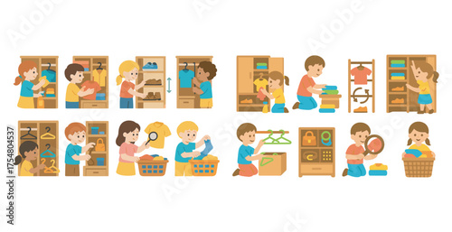 Kids organizing flat icons set – playful, filled, child-friendly designs