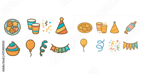 Party and celebration flat icons set – festive, filled, event planning graphics