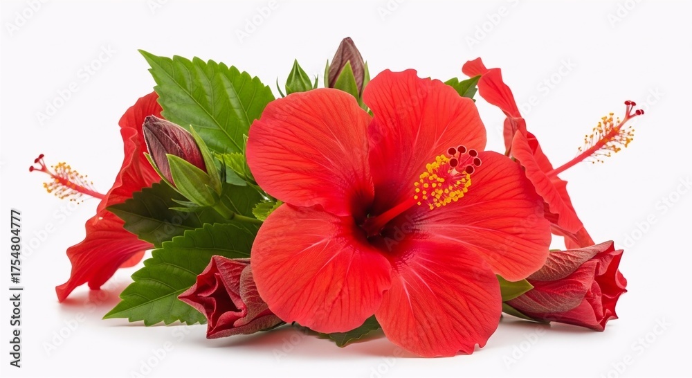 Fototapeta premium Vibrant Red Hibiscus Flowers with Green Leaves and Buds Isolated on a White Background