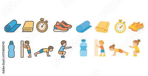 Home workout and exercise icons set – flat, fitness, gym activity symbols